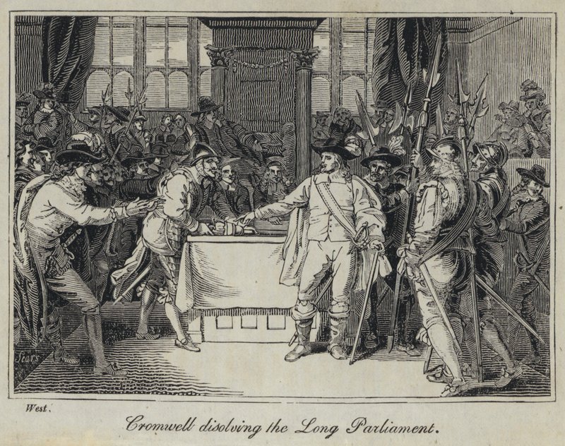 Cromwell upplöser det långa parlamentet (gravyr) av English School