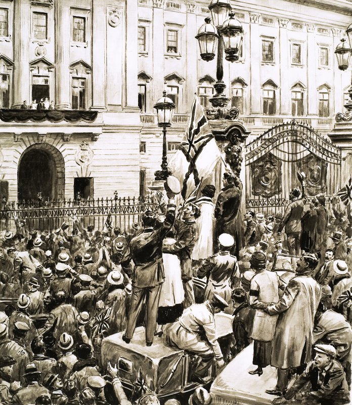 Folkemængderne uden for Buckingham Palace jubler kong George V på Armistice Dayswed av English School