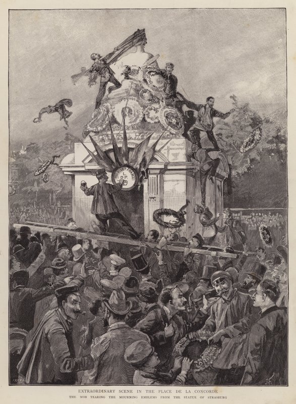 Folkmassor som river sorgemblem från statyn av Strasbourg på Place de la Concorde, Paris av English School
