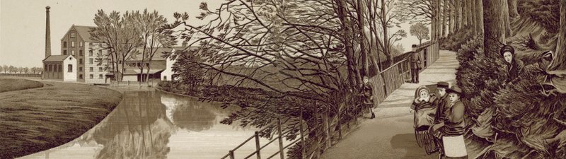 Croydon: Bridle Path to Beddington vid floden Wandle, Waddon Mills (litho) av English School
