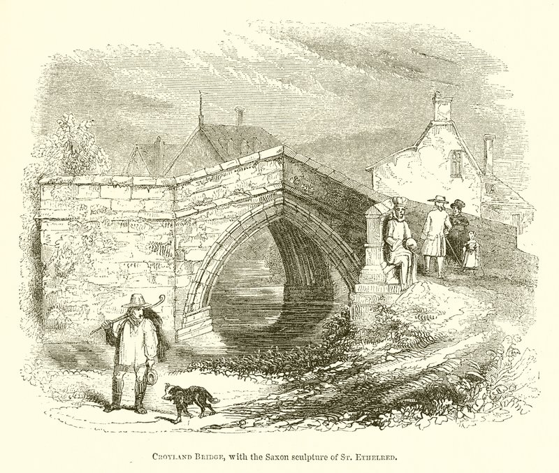 Croyland Bridge, med den saxiska skulpturen av St. Ethelred (gravyr) av English School