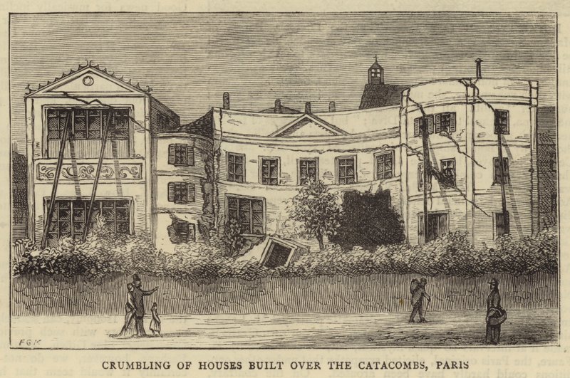 Smula av hus byggda över katakomberna, Paris (gravyr) av English School