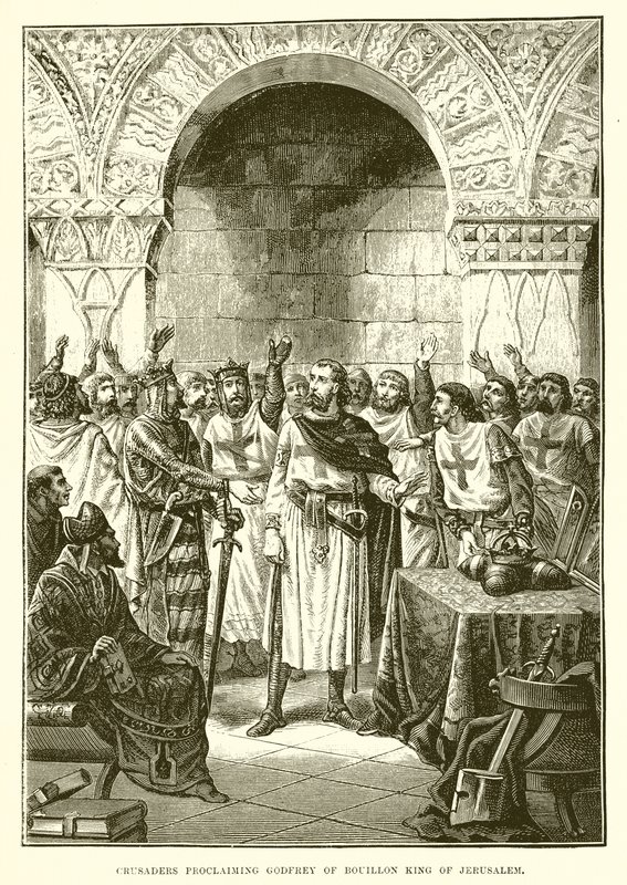 Korsfarare som utropar Godfrey av Bouillon till kung av Jerusalem av English School