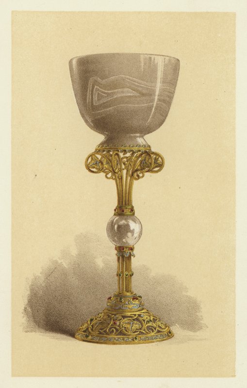 Bägare, eller kalk, i orientalisk onyx, monterad i emaljerat guld (chromolitho) av English School