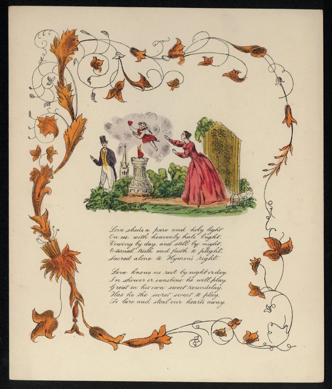 Amor som stjäl en kvinnas hjärta för att ge det till en man, kärleksdikt (färg litho) av English School