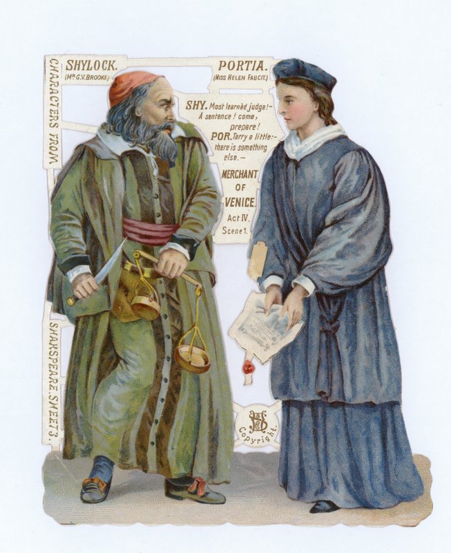 Utklipp av Shylock och Portia från The Merchant of Venice av English School
