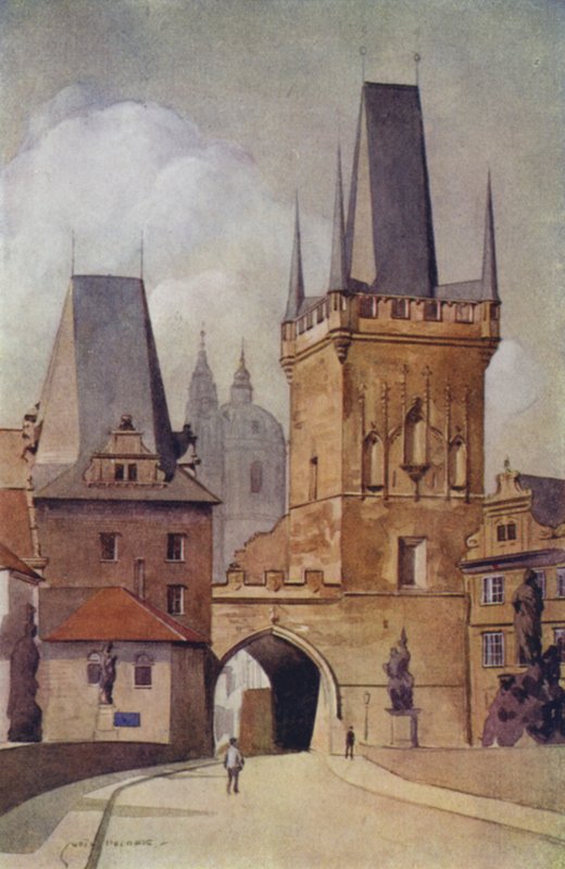 Tjeckoslovakien: Praha, Karlsbron (färg litho) av English School