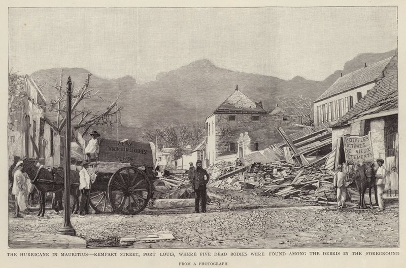 Skador på Rempart Street, Port Louis, orsakade av 1892 Mauritius cyklon (litho) av English School