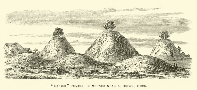 Danska Tumuli eller Mounds nära Ashdown, Essex av English School