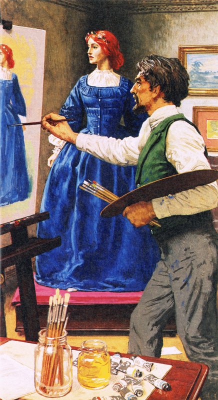 Dante Gabriel Rossetti målar Elizabel Siddal, som senare blev hans hustru. av English School