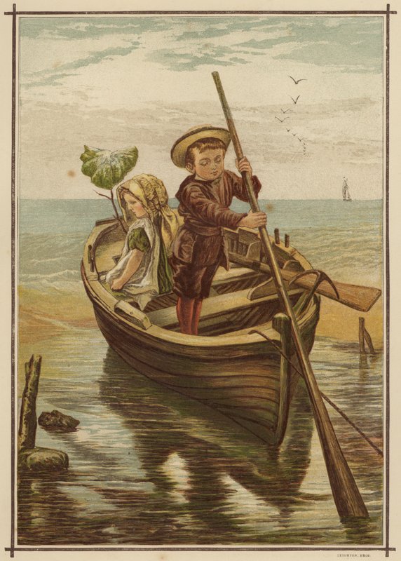 Våga rymningar: pojke och flicka ger sig av från en strand i en båt (färg litho) av English School