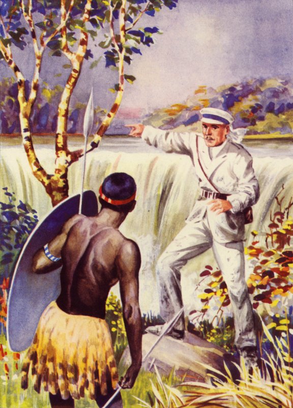 David Livingstone vid Victoriafallen (färg litho) av English School