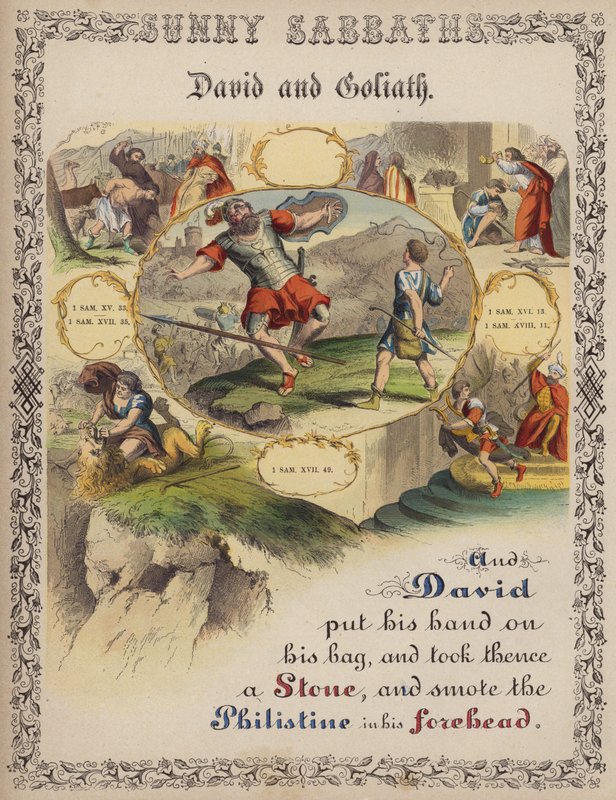David och Goliat (färgad gravyr) av English School