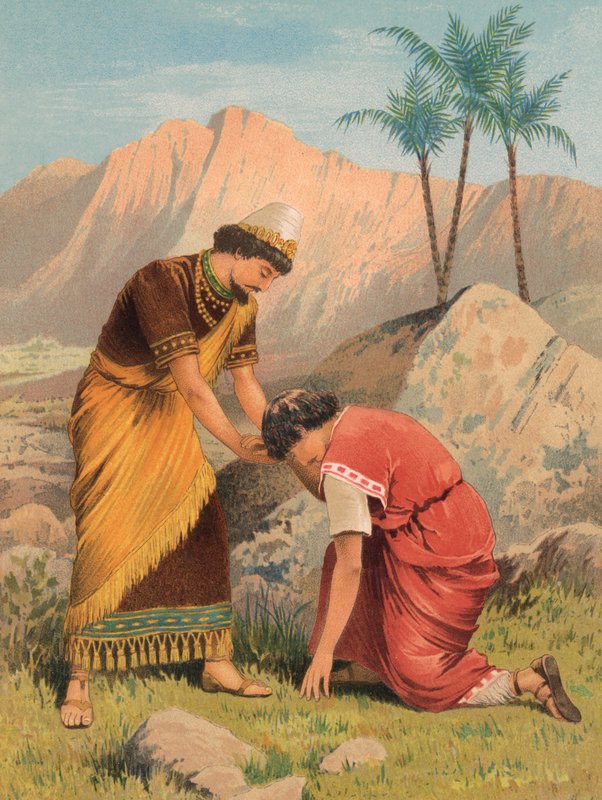 David och Jonathan, I Samuel, XX (färg litho) av English School