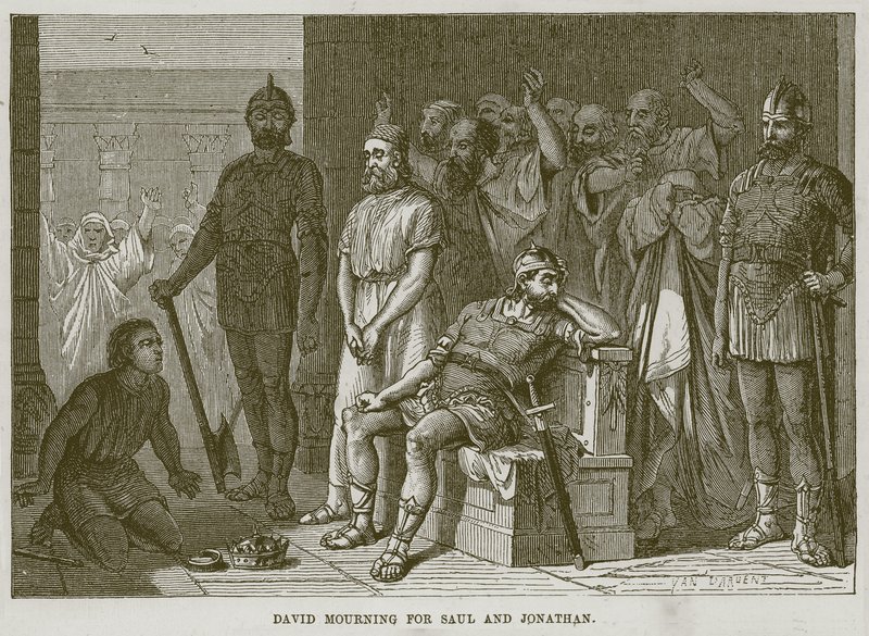 David sörjer Saul och Jonathan, illustration från The Childs Bible, c.1880 av English School