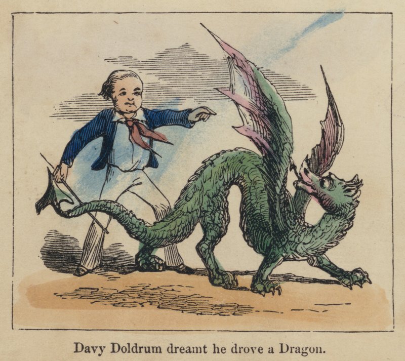 Davy Doldrum drömde att han körde en drake (färgad gravyr) av English School