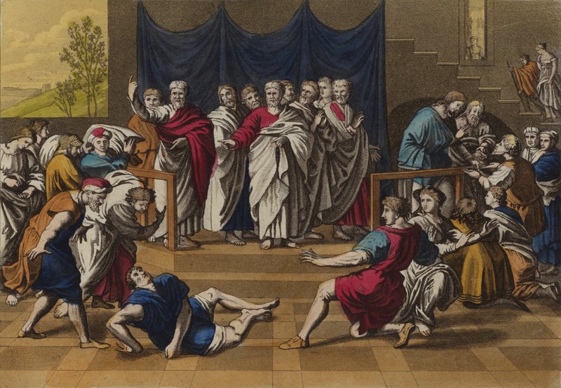 Ananias död (färg litho) av English School