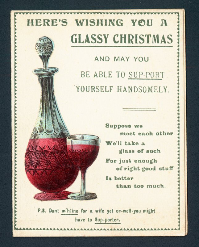Karaff och glas rött vin, julkort av English School