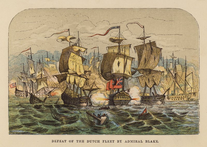 Amiral Blakes nederlag mot den nederländska flottan (gravyr i färg) av English School