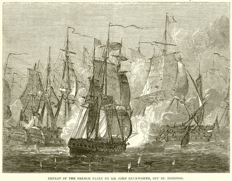 Nederlag för den franska flottan av Sir John Duckworth, utanför St. Domingo av English School