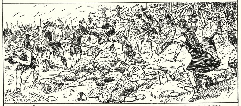Västsaxarnas nederlag vid Mount Budon, Somerset, 500 AD (litografi) av English School