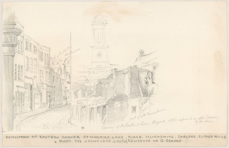 Rivning av Eastern Corner, St Martins Lane, London av English School