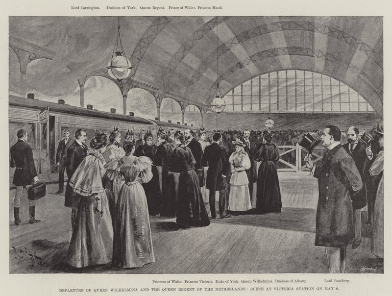 Drottning Wilhelmina och drottningregenten av Nederländerna avgår, scen på Victoria Station den 9 maj (litho) av English School