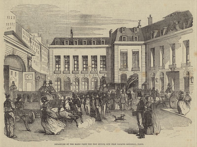 Postens avgång från postkontoret, Rue Jean Jacques Rousseau, Paris (gravyr) av English School