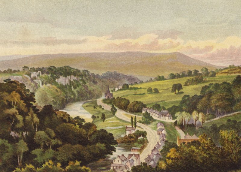 Derbyshire, Matlock, från Abrahams höjder (färg litho) av English School