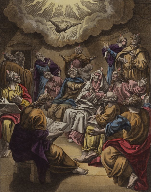 Den Helige Andes nedstigning (färg litho) av English School