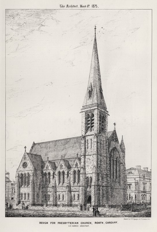 Design för Presbyterian Church, Roath, Cardiff (gravyr) av English School