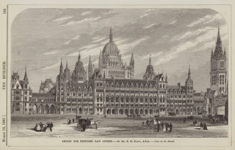 Design för proposed Law Courts, av Mr E M Barry, ARA, View in the Strand (gravyr) av English School