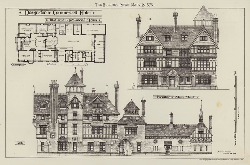 Design för ett kommersiellt hotell, i en liten provinsstad (gravyr) av English School