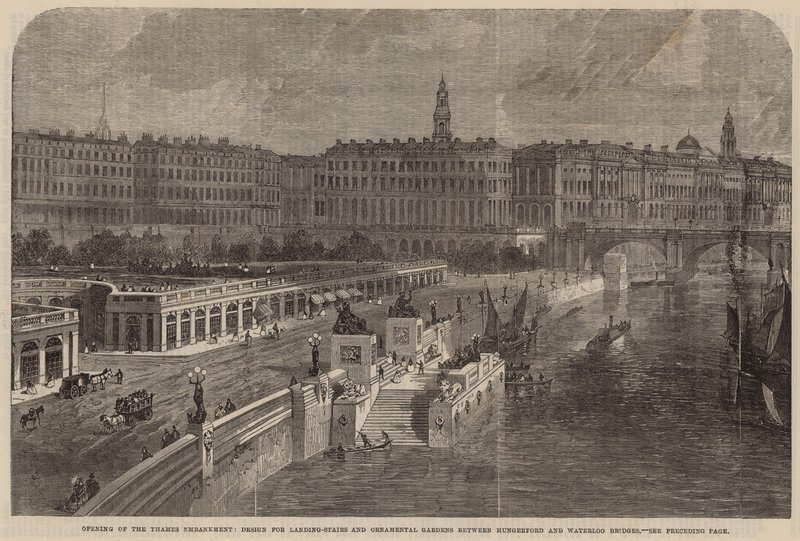 Design för landningstrappor och prydnadsträdgårdar mellan Hungerford och Waterloo Bridges av English School