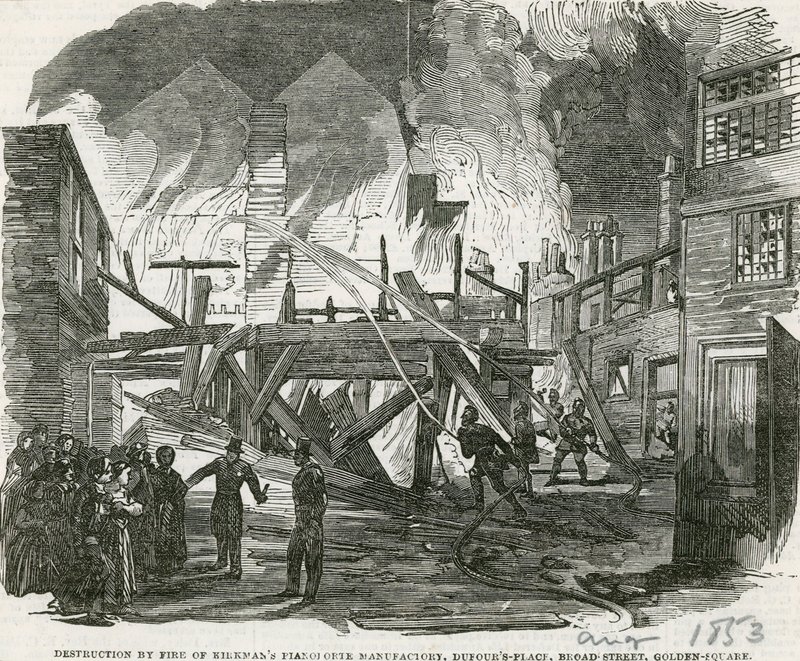 Förstörelse genom eld av Kirkmans Pianoforte manufactory, Dufours Place, Broad Street, Golden Square av English School