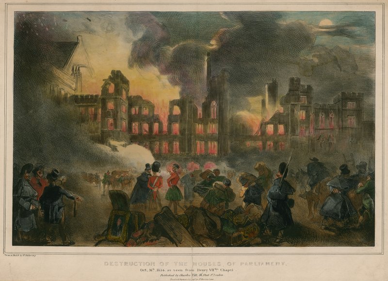 Förstörelse genom brand av parlamentets hus den 16 oktober 1834, sett från Henrik VIIIs kapell av English School