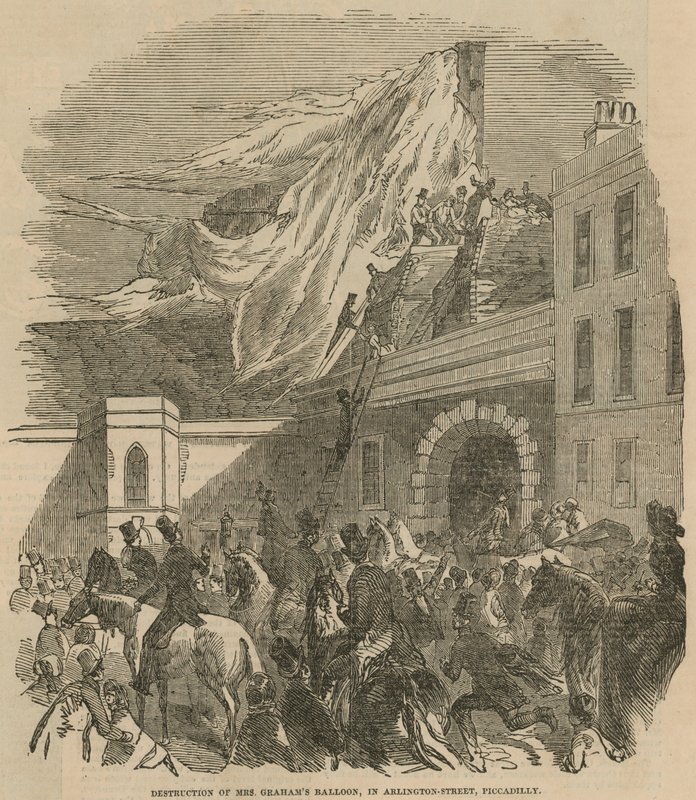 Förstörelse av Mrs Grahams ballong i Arlington Street, Piccadilly av English School
