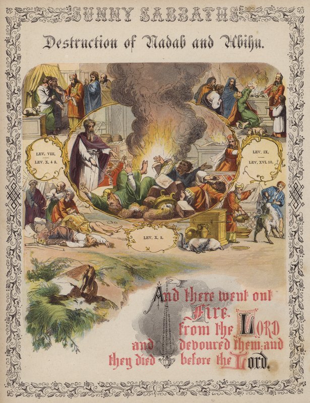 Förstörelse av Nadab och Abihu (färgad gravyr) av English School