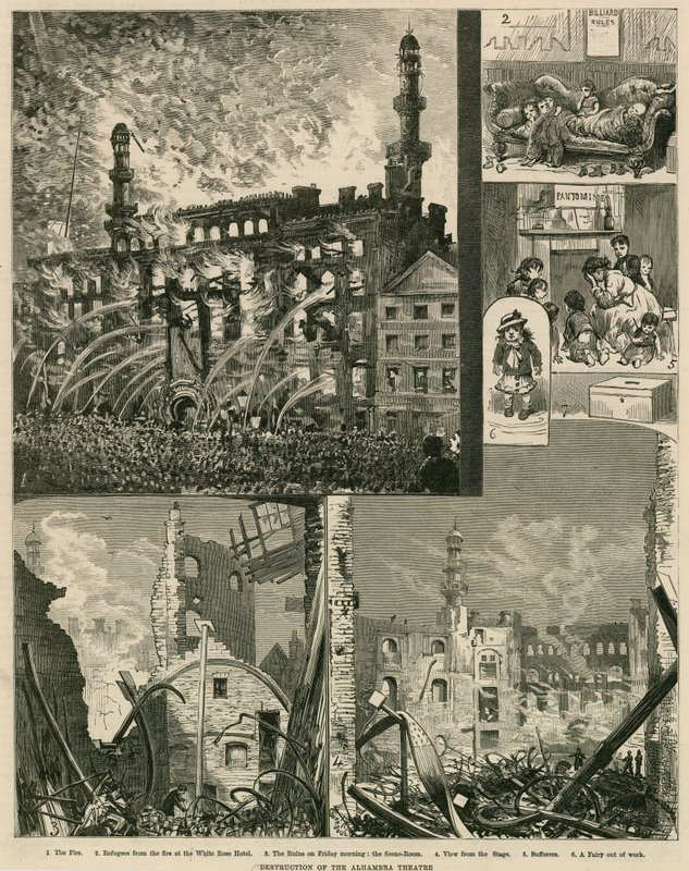 Förstörelse av Alhambra Theatre, London, den 7 december 1882 av English School