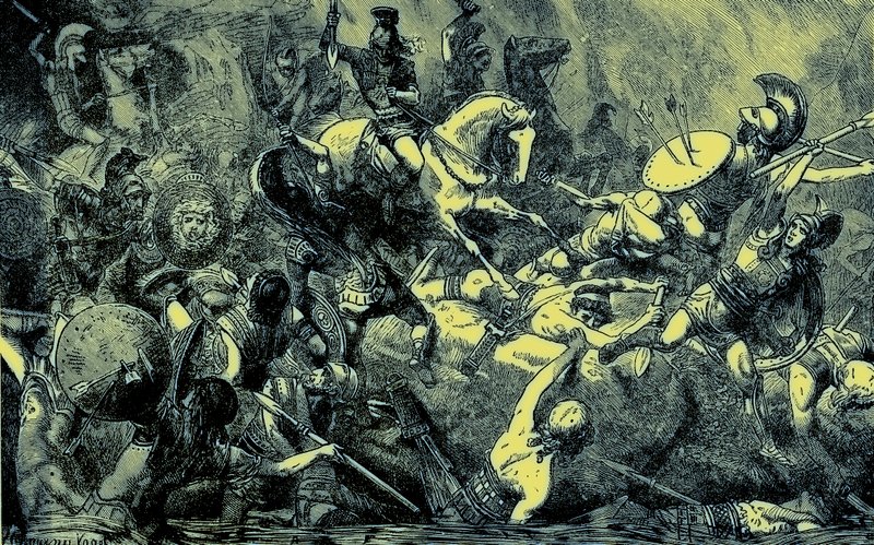 Förstörelse av den atenska armén på Sicilien, illustration från The Illustrated History of the World, publicerad ca 1880 (digitalt förbättrad bild) av English School