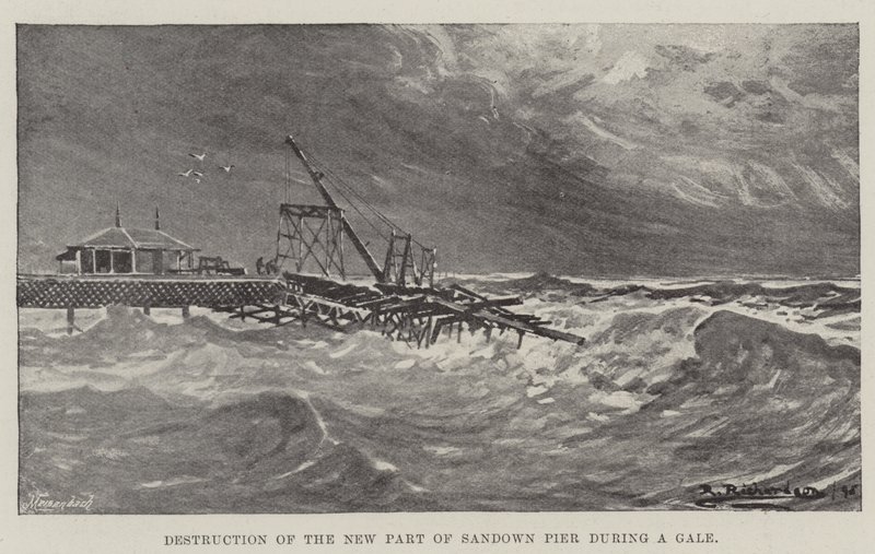 Förstörelse av den nya delen av Sandown Pier under en storm (gravyr) av English School