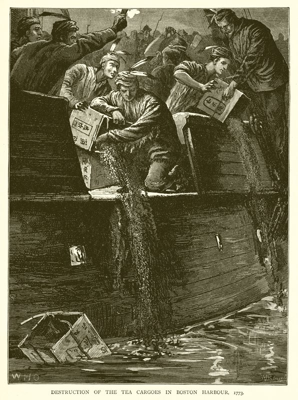 Förstörelse av telasterna i Bostons hamn, 1773 av English School