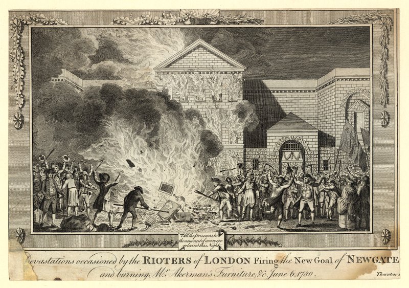 Förödelse orsakad av upplopparna i London som avfyrade New Gaol of Newgate och brände Mr Akermans Furniture, 6 juni 1780 av English School
