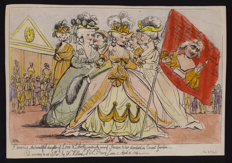 Devonia, kärlekens och frihetens vackra dotter, bjuder in frihetens söner till sin standard i Covent Garden: politisk satir över hertiginnan av Devonshires stöd för Charles James Fox av English School
