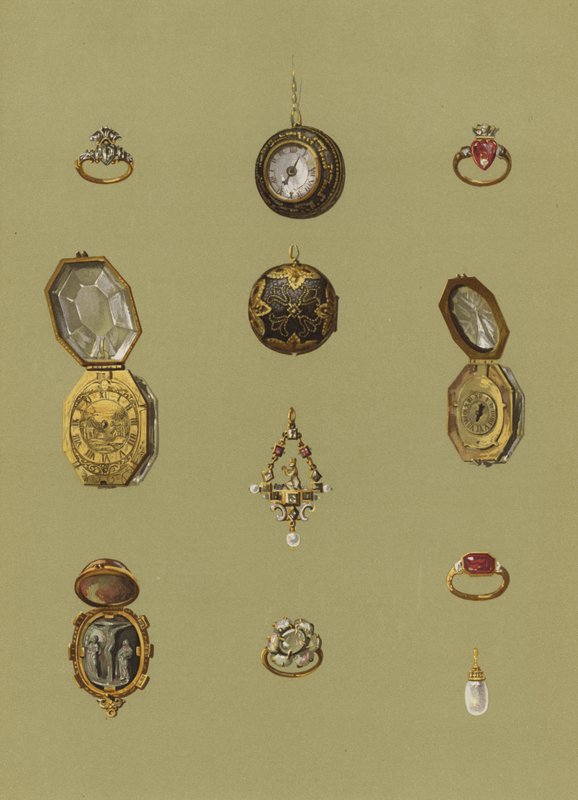 Diamantring, Guldklocka, Bloodstone Cameo, Guldklocka, Jeweled Solitaire, Opal Mourning Ring of Mary Queen of Scots, Gold Ring of the Princess Elizabeth, Gold Watch of Octagonal Form, Gold Ring, Pearl Earring av English School