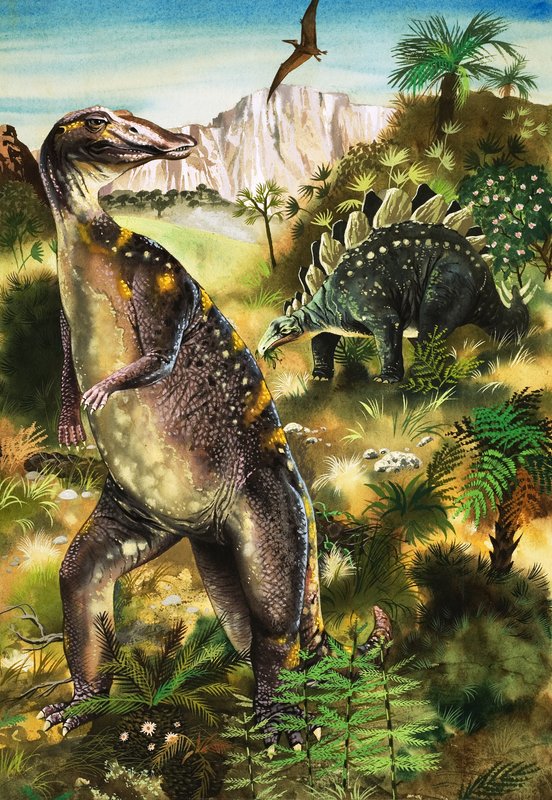 Dinosaurier, illustration från "When Monsters Ruled the Earth" (gouache på papper) av English School