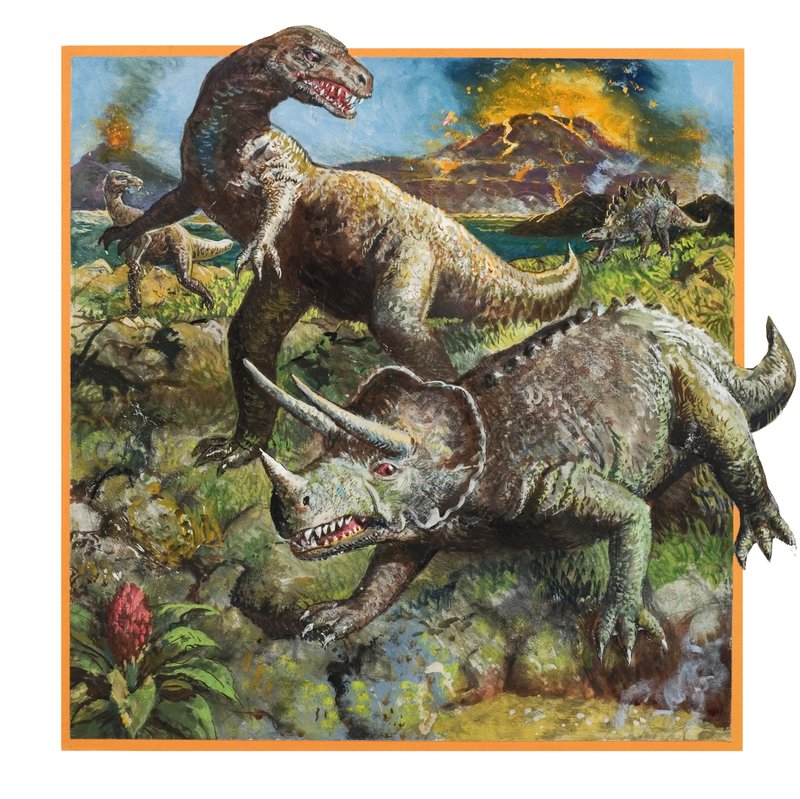 Dinosaurier med vulkan (gouache på papper) av English School