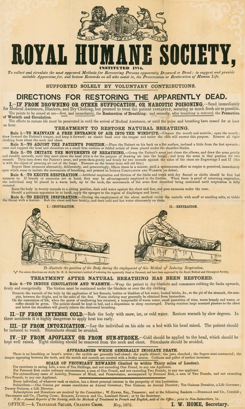 Anvisningar för att återställa de till synes döda; utgiven av Royal Humane Society, maj 1872 av English School