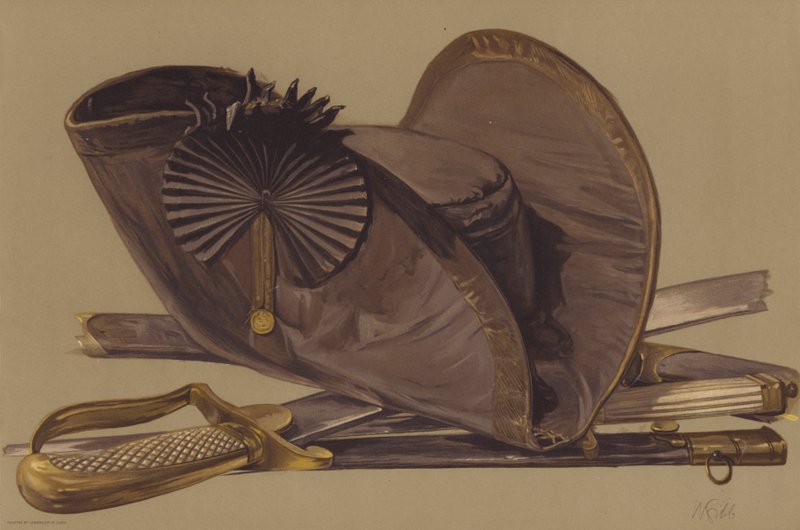 Dirk, svärd och spetsad hatt av Lord Nelson (chromolitho) av English School