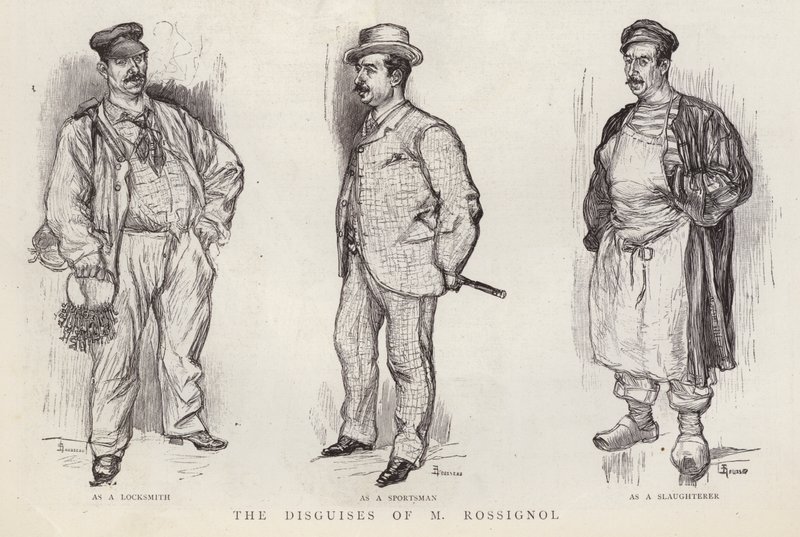 Förklädnader som används av den parisiske polisdetektiven Gustave Rossignol (litho) av English School